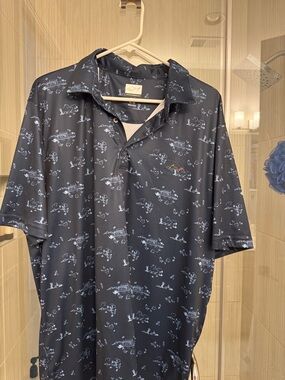 Greg Norman Collection Navy Polo with Light Blue Scenic Print